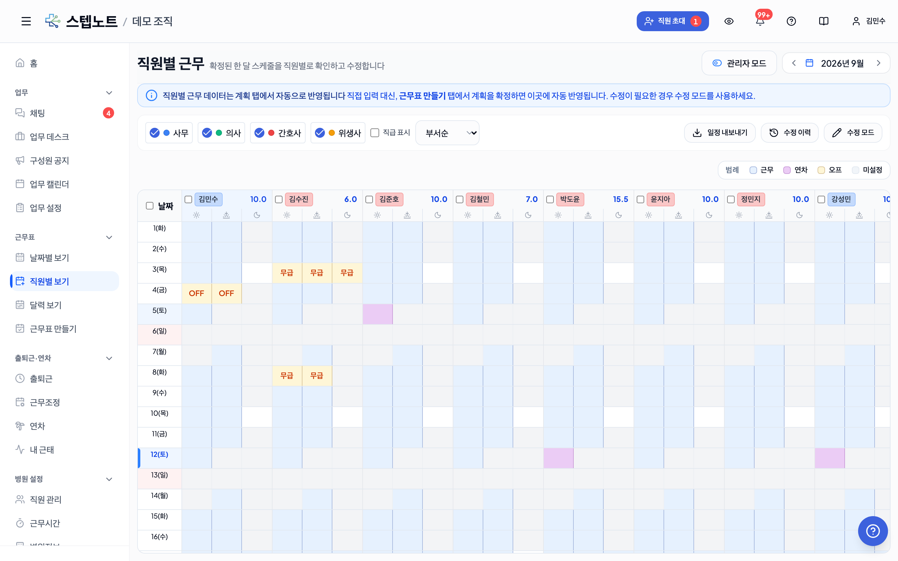 저장 후 — 오프 셀 위의 "무급" 배지